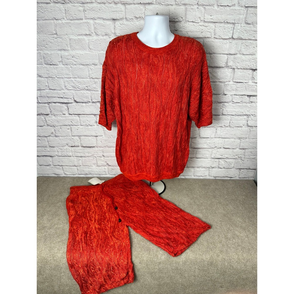 VTG RARE Boom-X Red 3D Wavy Knit 2 Piece Set Sweater and Pants‎ Mens Size Large